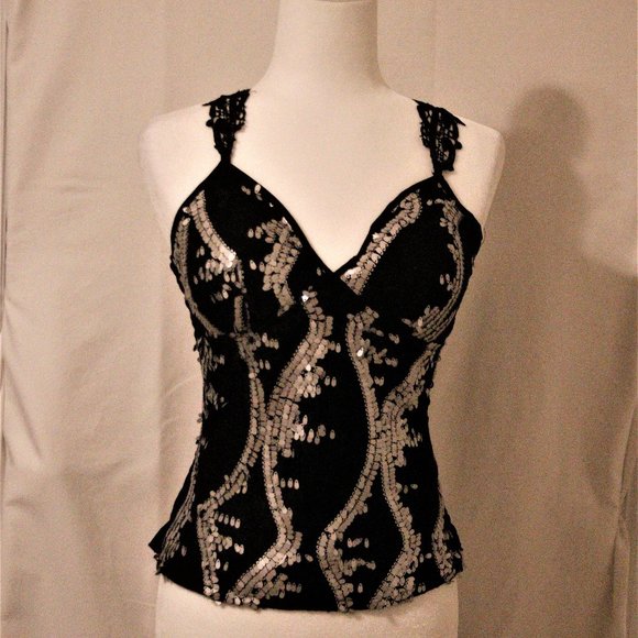 Tops - Black tank with cream colored sequence